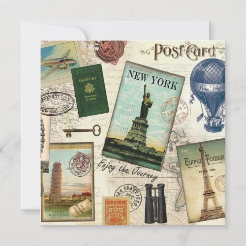 modern vintage travel collage 5.25x5.25 square paper invitation card