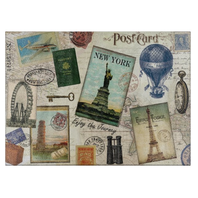 modern vintage travel collage cutting board (Front)