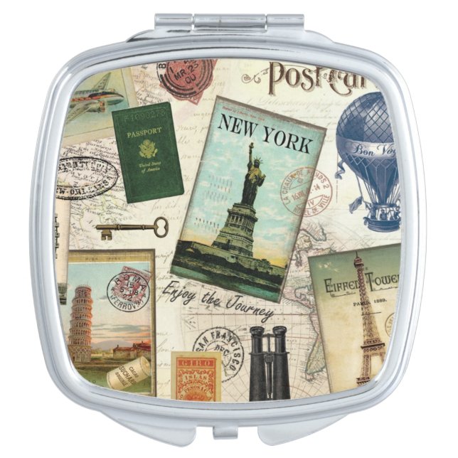 modern vintage travel collage makeup mirror (Front)