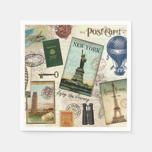 modern vintage travel collage paper napkins (Front)