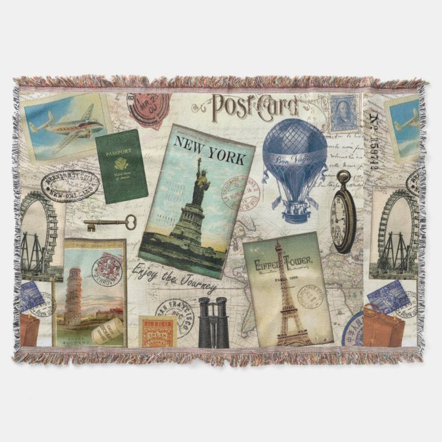 modern vintage travel collage throw blanket (Front)