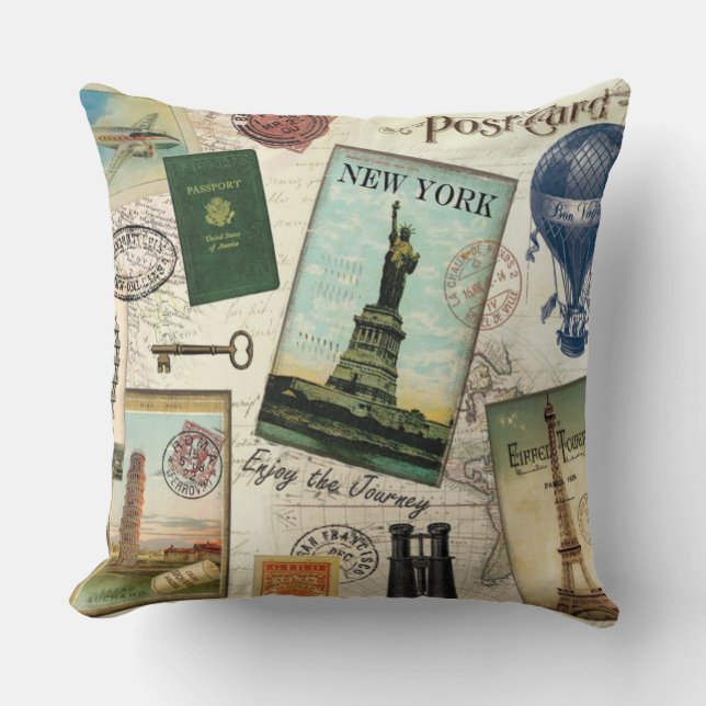 modern vintage travel collage throw pillow (Front)