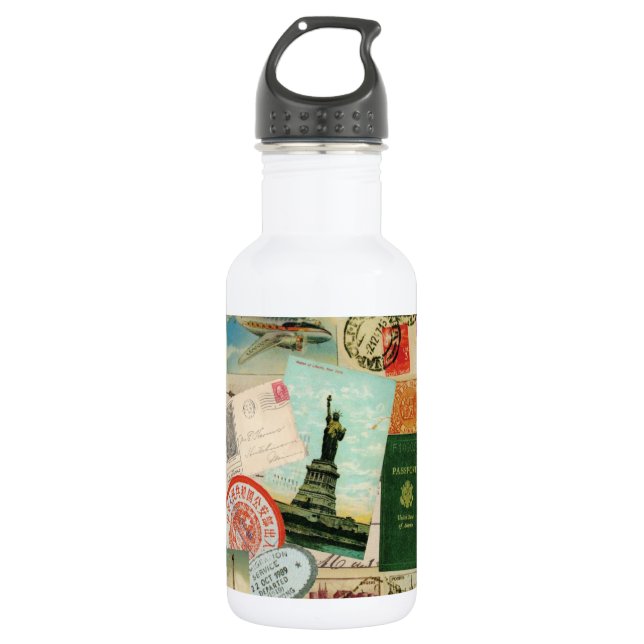 modern vintage travel collage water bottle (Front)