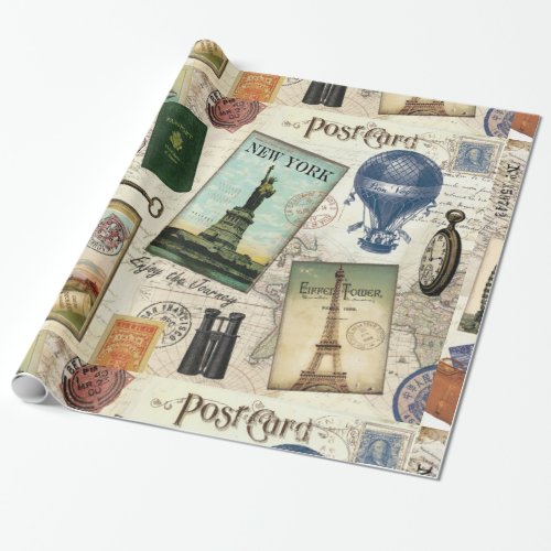 modern vintage travel collage wrapping paper