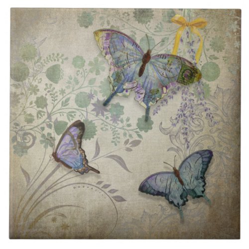 Modern Vintage Wallpaper Floral Design Butterflies Tile