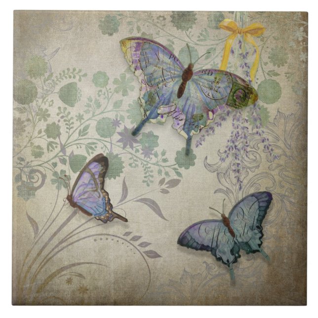 Modern Vintage Wallpaper Floral Design Butterflies Tile (Front)