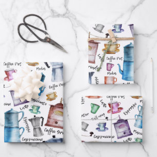 Modern Vintage Watercolor coffee espresso pots Wrapping Paper Sheets
