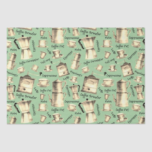 Modern Vintage Watercolor Coffee Pots Sage Tissue Paper (Front)