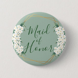 Modern Vintage White Flower on Green Maid of Honor Button