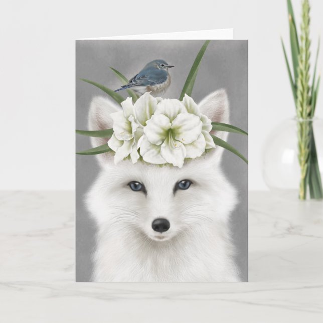 Modern vintage white fox greeting card (Front)