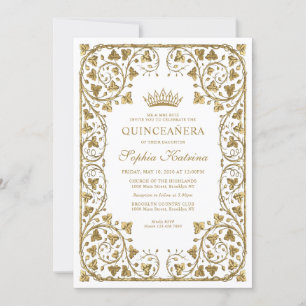 Modern Vintage White Gold Frame Tiara Quinceanera Invitation