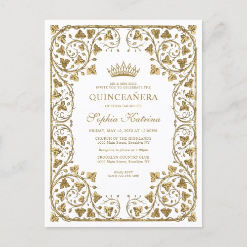 Modern Vintage White Gold Frame Tiara Quinceanera Invitation Postcard