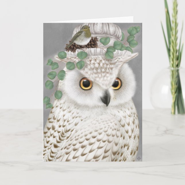 Modern vintage white owl greeting card (Front)