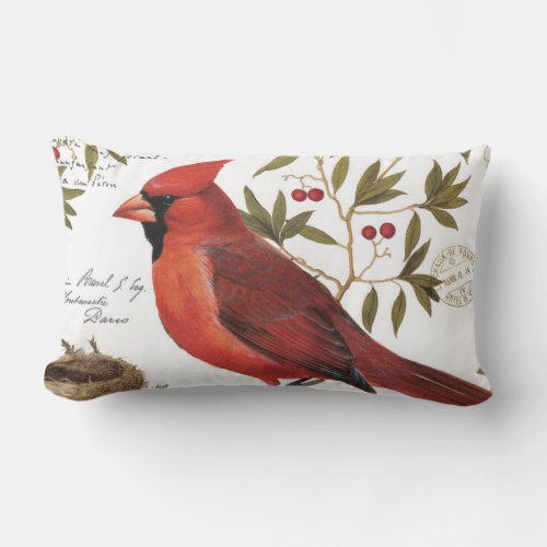 modern vintage winter cardinal lumbar pillow