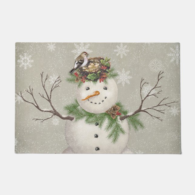 modern vintage winter garden snowman doormat (Front)