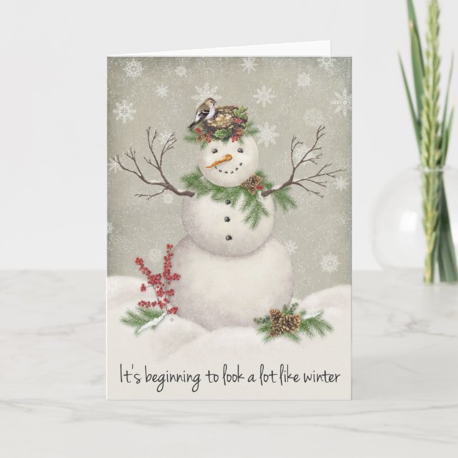 modern vintage winter garden snowman holiday card (Front)