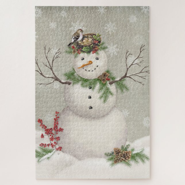 modern vintage winter garden snowman jigsaw puzzle (Vertical)