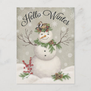 modern vintage winter garden snowman postcard