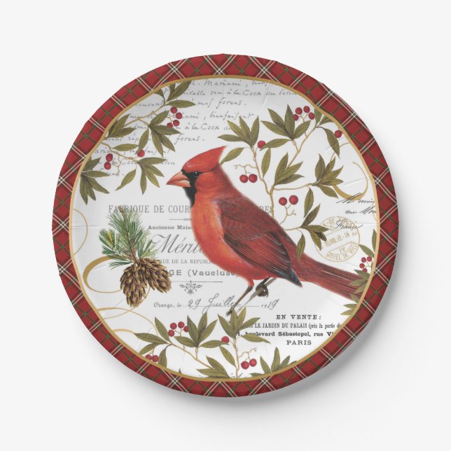 modern vintage winter woodland cardinal paper plates (Front)
