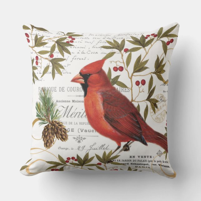 Modern vintage woodland cardinal throw pillow (Front)
