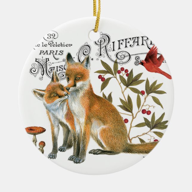 modern vintage woodland fox ceramic ornament (Front)