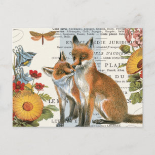 Modern vintage woodland fox postcard