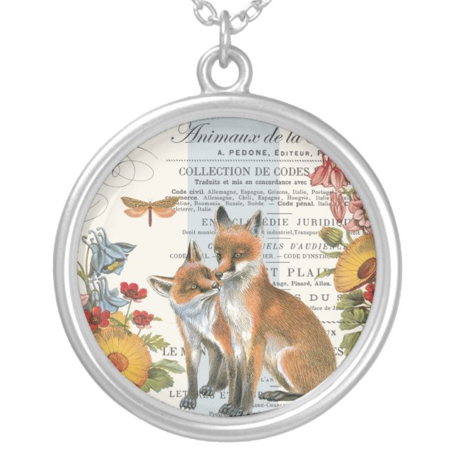 Modern vintage woodland fox silver plated necklace (Front)