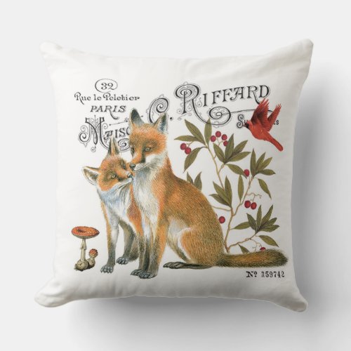 modern vintage woodland fox throw pillow