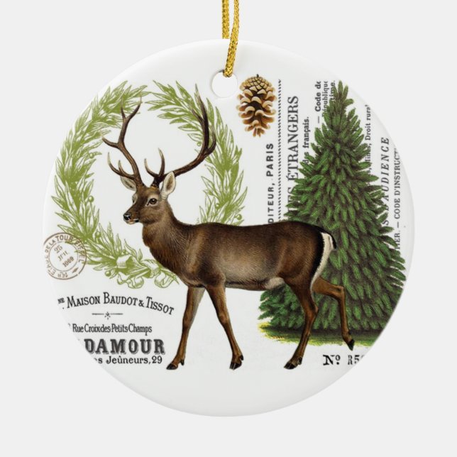 modern vintage woodland winter deer ceramic ornament (Front)