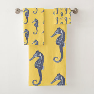 Modern Vintage Yellow Blue Seahorse Bath Towel Set