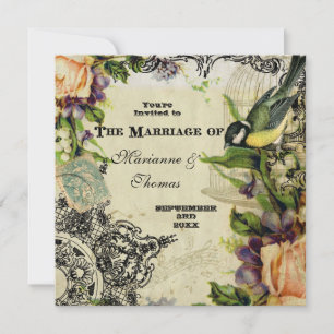 Modern Vintage, Yellow Song Bird Cage Swirl Floral Invitation