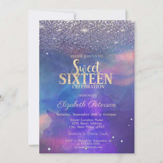 Modern Violet Diamonds Paint Splash Sweet 16 Invitation (Front)