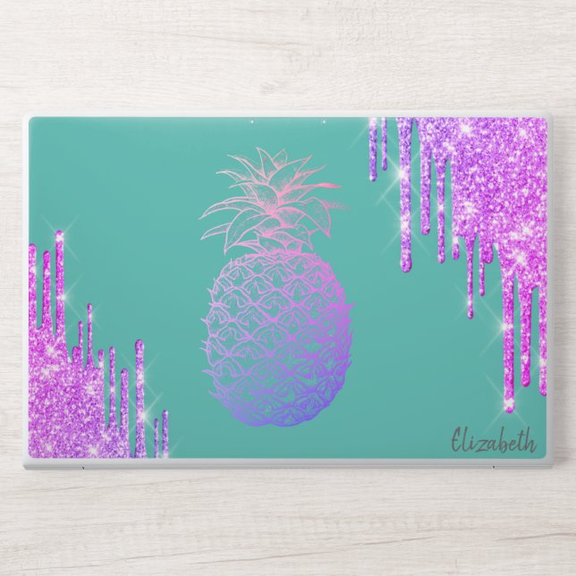 Modern Violet Glitter Drips Pineapple Teal  HP Laptop Skin (Front)