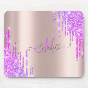 Modern Violet Glitter Drips Rose Gold Monogram Mouse Pad