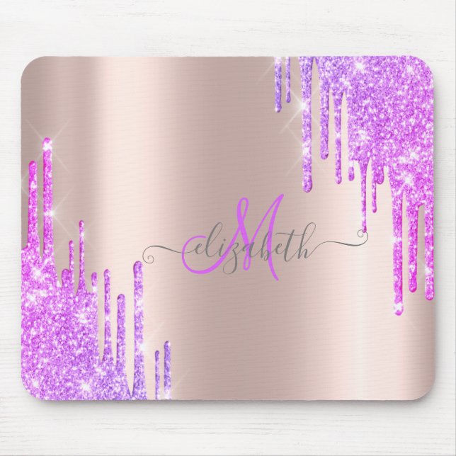 Modern Violet Glitter Drips Rose Gold Monogram  Mouse Pad (Front)