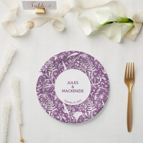 Modern Violet Graphic Floral Botanical Wedding Paper Plates