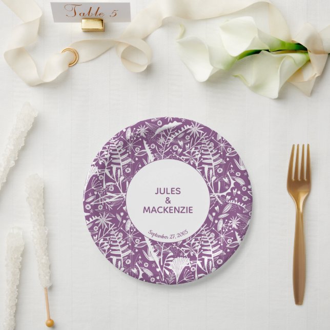 Modern Violet Graphic Floral Botanical Wedding Paper Plates (Wedding)