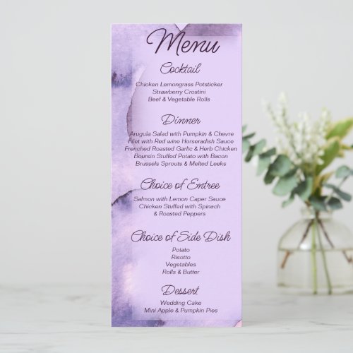 Modern violet lavender watercolor Wedding    Menu