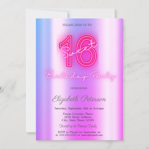 Modern Violet Neon Sweet 16 Invitation