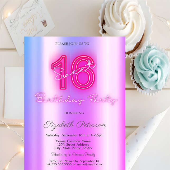 Modern Violet Neon Sweet 16 Invitation (Creator Uploaded)
