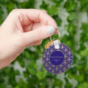 Modern Violet Purple and Gold Pattern Wedding Keychain
