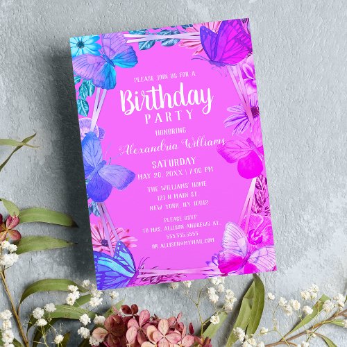 Modern Violet Purple Floral Butterfly Birthday Invitation Postcard