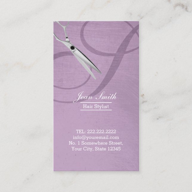 Modern Violet Script Monogram Hair Stylist Business Card (Front)