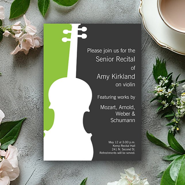 Modern Violin / Viola Recital Invitation - Green (Modern violin senior recital invitations in green.)