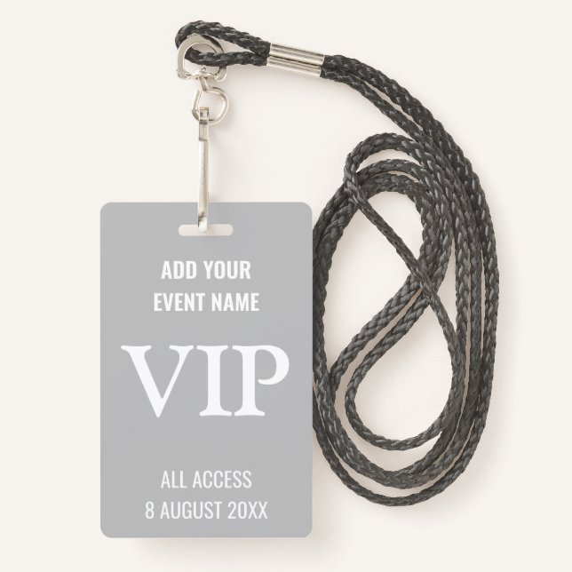 Modern VIP Music Festival Party Gray & White Badge (Front with Lanyard)