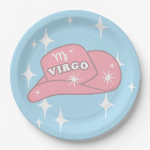 Modern Virgo Zodiac Cowgirl Hat Blue Party Paper Plates