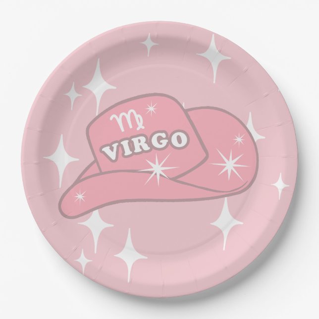 Modern Virgo Zodiac Pink Cowgirl Hat Party  Paper Plates (Front)