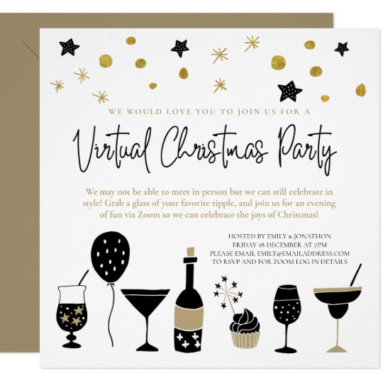 Modern Virtual Christmas Party Cocktails Confetti Invitation