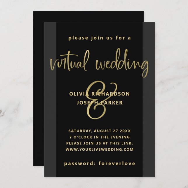 Modern Virtual Wedding | Black and Gold Invitation (Front/Back)