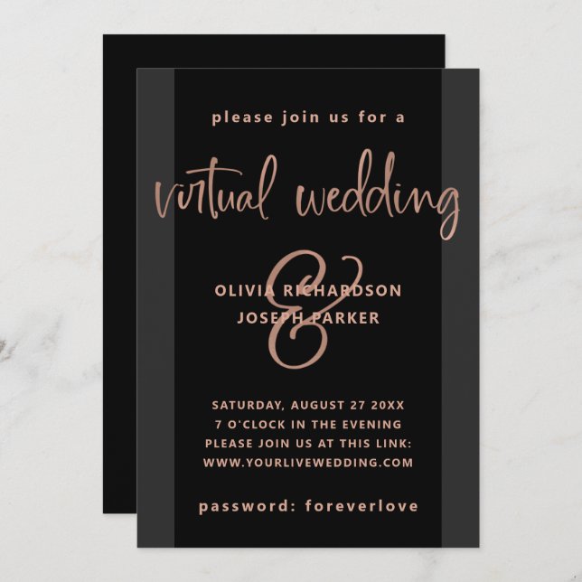 Modern Virtual Wedding | Black and Rose Gold Invitation (Front/Back)